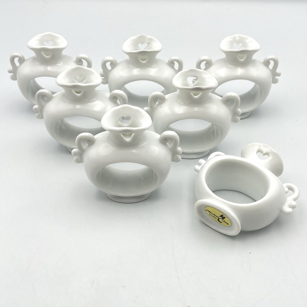 Vintage Manyland China Taiwan White Porcelain Napkin Rings Set of 7 Heart 2.5"